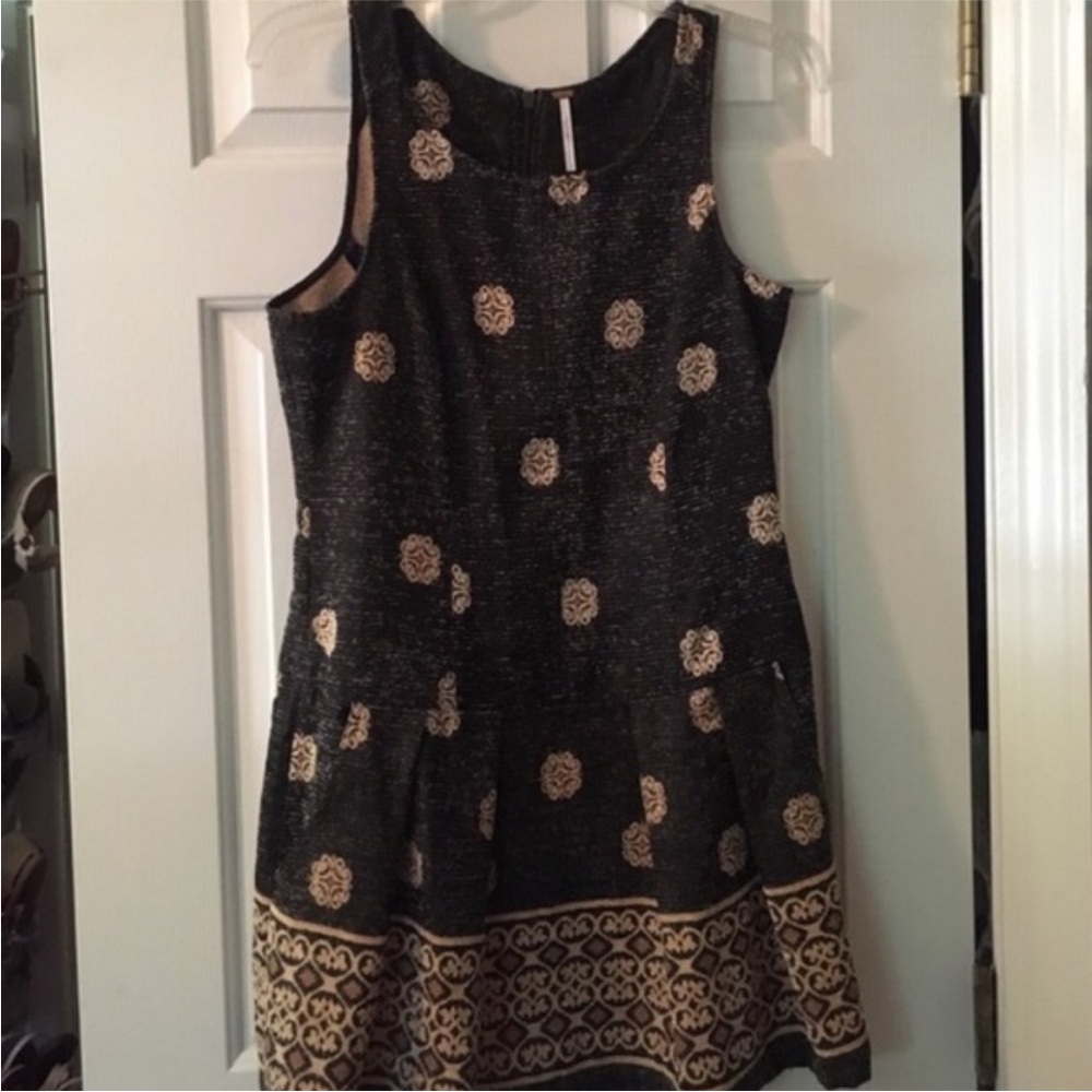 Free People Sleeveless Black Gold Tapestry Dress with Pockets